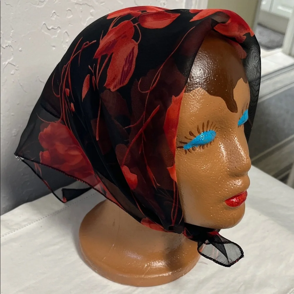 Vintage Black Red Roses Floral Sheer Nylon Scarf